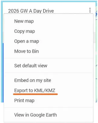 The My Maps menu, with “Export to KML/KMZ” selected